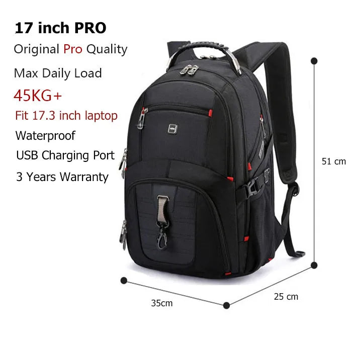 Swiss Multifunctional 17 Inch Laptop Backpack – Durable Travel Bag with USB Charging Port, Water-Resistant College Bookbag