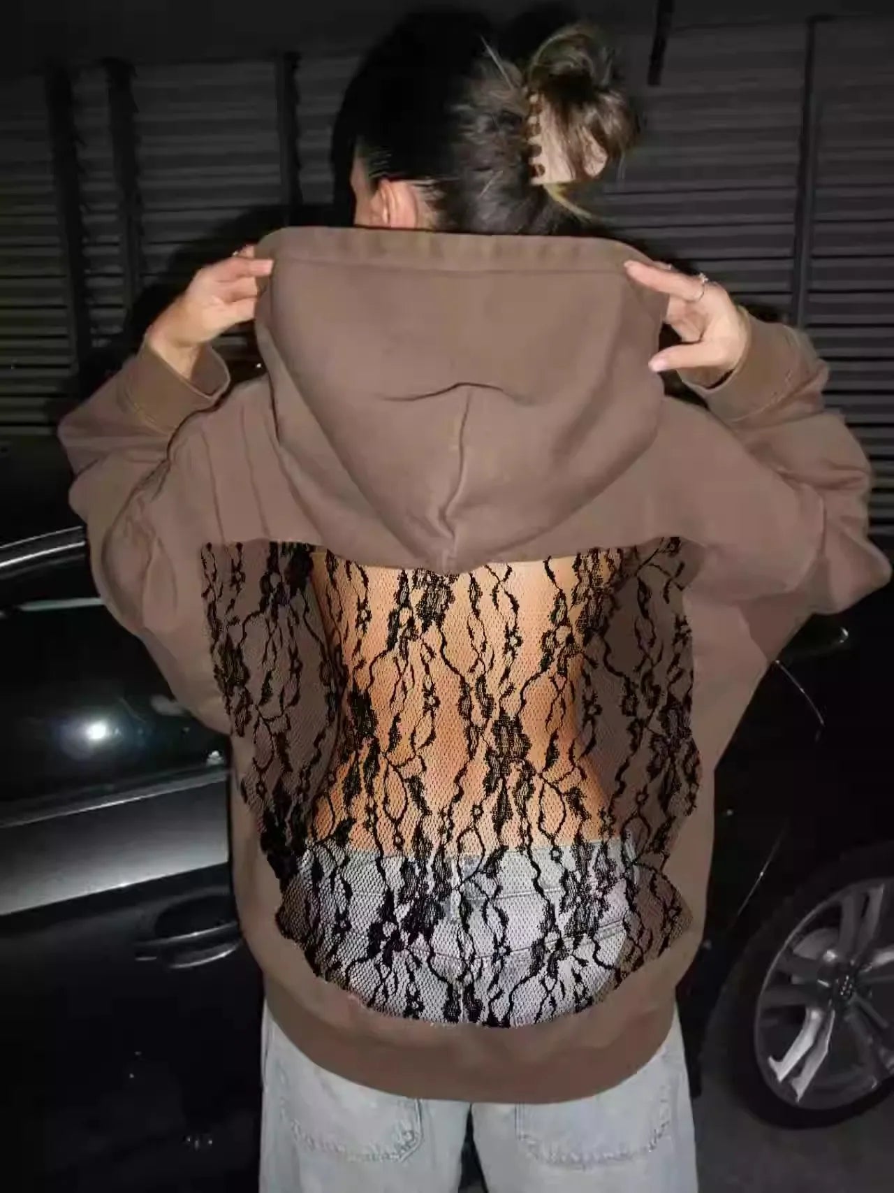 Women's Lace Splice Hoodie - Sexy See-Through Backless Fleece Pullover for Autumn & Winter Streetwear Fashion