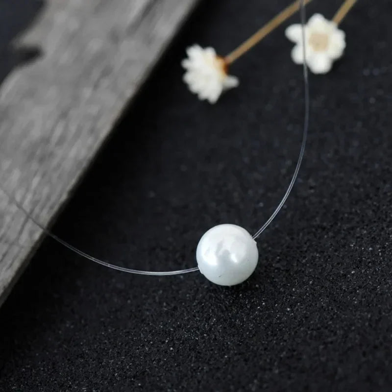 Transparent Fishing Line Pearl Necklace – Simple Round Bead Choker Pendant, Delicate Short Necklace for Women