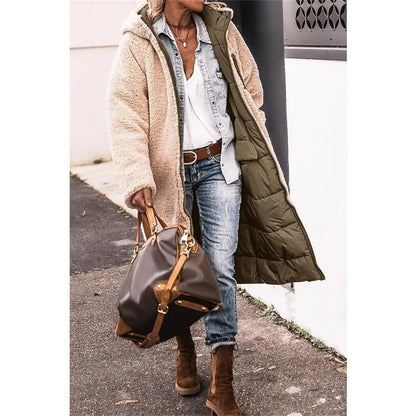 Women's Winter Hooded Quilted Jacket – Reversible Solid Puffer Coat, Thick Long Sleeve Casual Outerwear