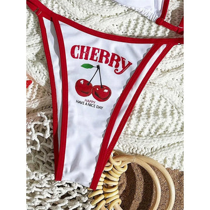 Women’s Cherry Print Three-Piece Bikini Set — Short Sleeve Swimsuit XS-L