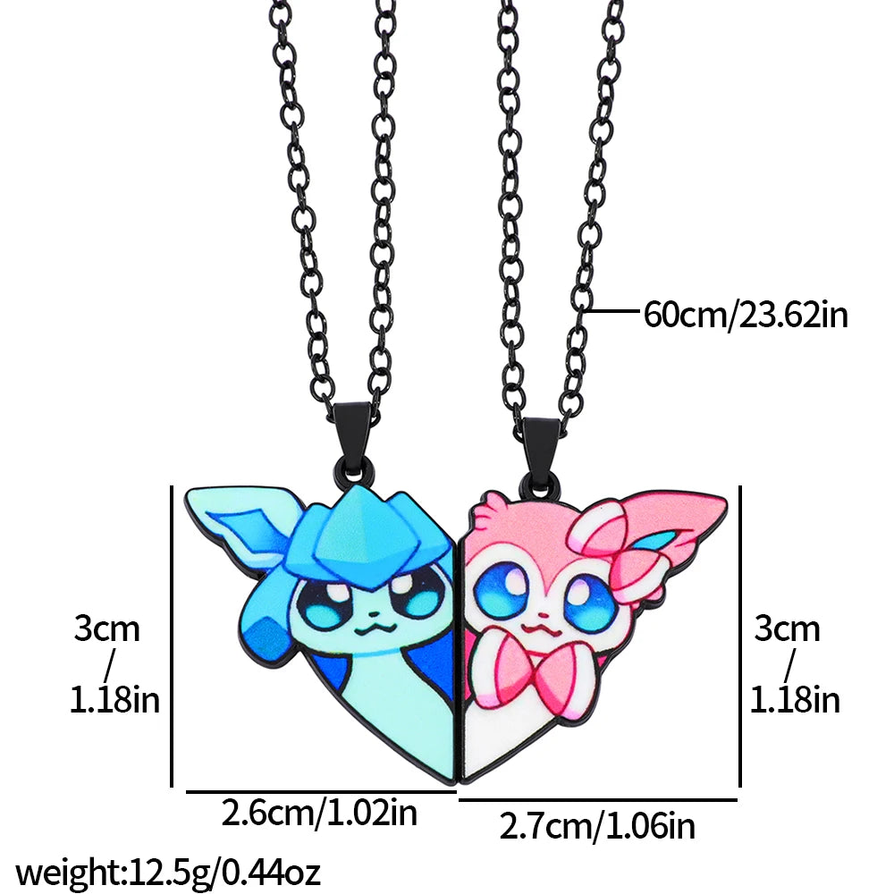 Eevee Pendant Necklace - 2-Piece Cute Cartoon Heart Patchwork Anime-Style Metal Jewelry Set