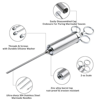 Marinade Meat Seasoning Injector Kit - Stainless Steel Turkey Meat Injectors with 3 Needles - Cooking Syringe for Flavorful Meals