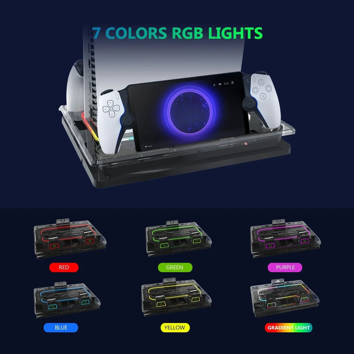 GAMINJA P53 RGB Cooling Stand for PS5 Slim – Multi-Function Controller Charger & PS Portal Magnetic Charging Base Station