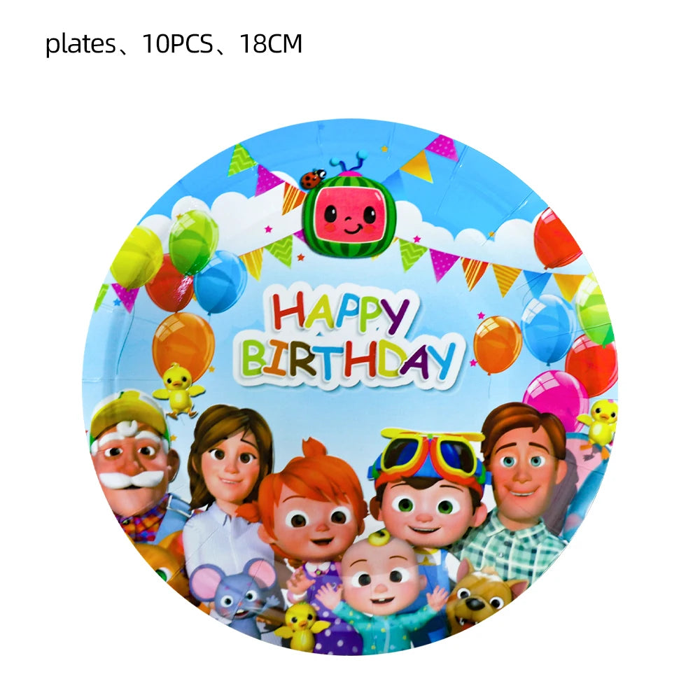 Cartoon JJ Melon Birthday Party Decorations Set – Disposable Tableware, Cups, Plates, Tablecloth, Balloons & Cake Topper for Kids & Baby Shower