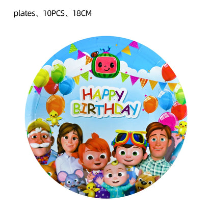 Cartoon JJ Melon Birthday Party Decorations Set – Disposable Tableware, Cups, Plates, Tablecloth, Balloons & Cake Topper for Kids & Baby Shower