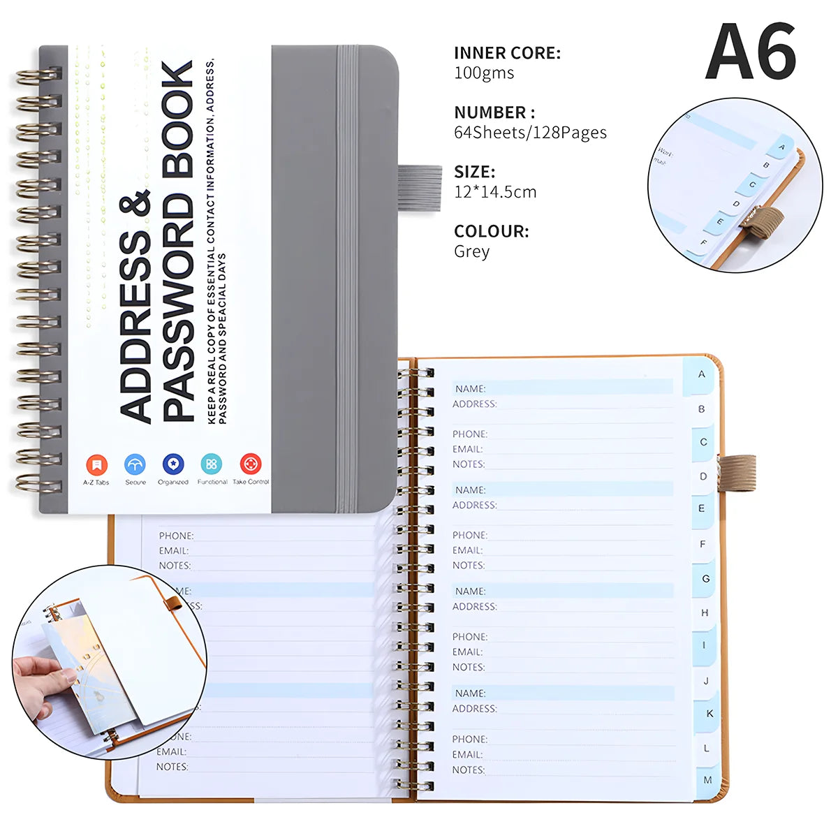 A6 Password Book with PP Coil – English Address & Password Organizer, Thick Horizontal Notebook for Office Use
