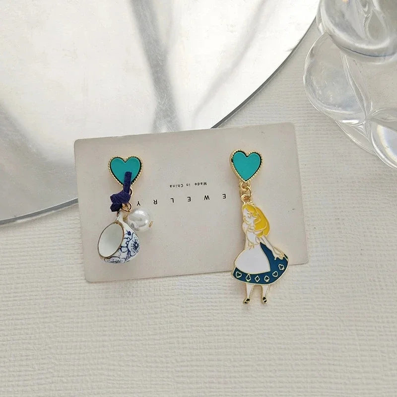 Fairy Tale Princess Alice Asymmetrical Earrings - Blue Heart Enamel Dangle Earrings with Imitation Pearls