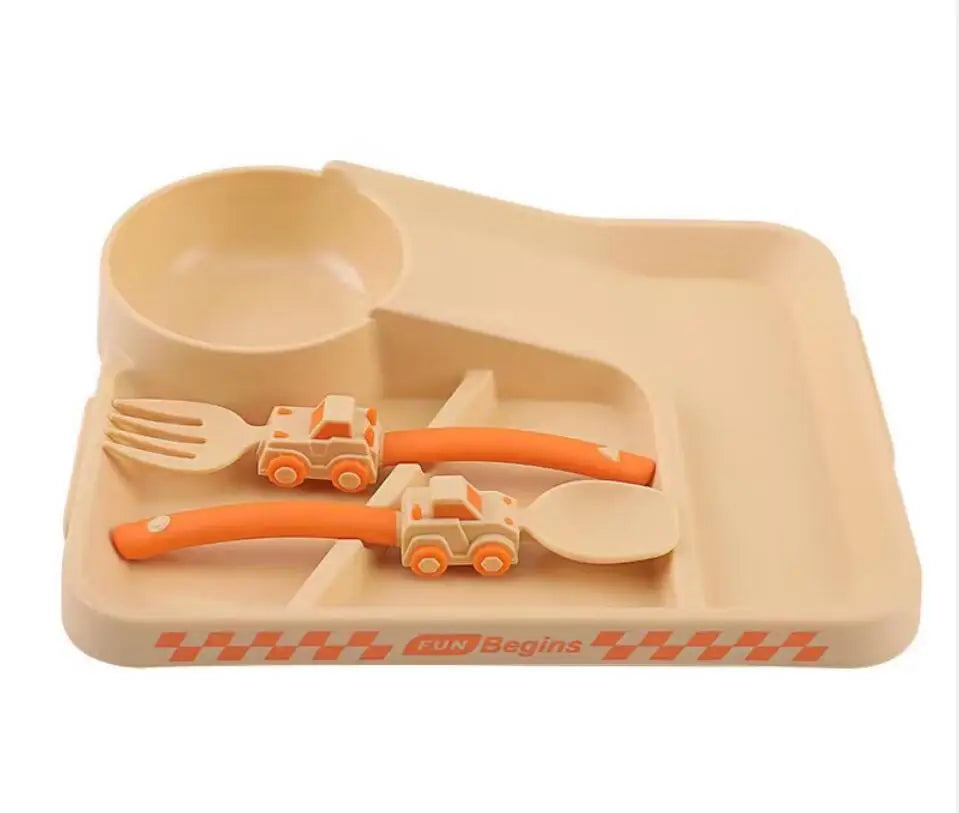 Kids Cartoon Racing Dinner Set - Baby Self Feeding Fork Spoon Plate & Divided Non-Slip Bowl Set