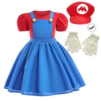 Girls Super Bros Cosplay Dress Set - Puff Sleeve Halloween & Birthday Party Costume