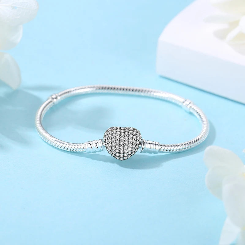 925 Sterling Silver Love Heart Charm Bracelet – Rose Gold Snake Chain Bangle for Women | DIY Luxury Bead Jewelry Accessories