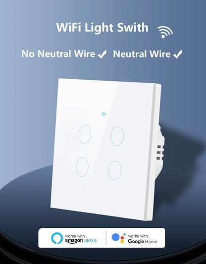 Tuya WiFi Smart Touch Light Switch - Wireless LED Control, No Neutral Wire Required, 1-4 Gang, Compatible with Alexa and Google Home