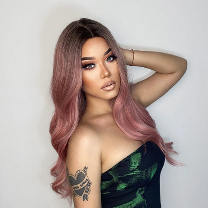 Long Pink Wavy Wig for Women — Middle Part Synthetic Hair, Heat-Resistant, Natural-Looking Cosplay Wig