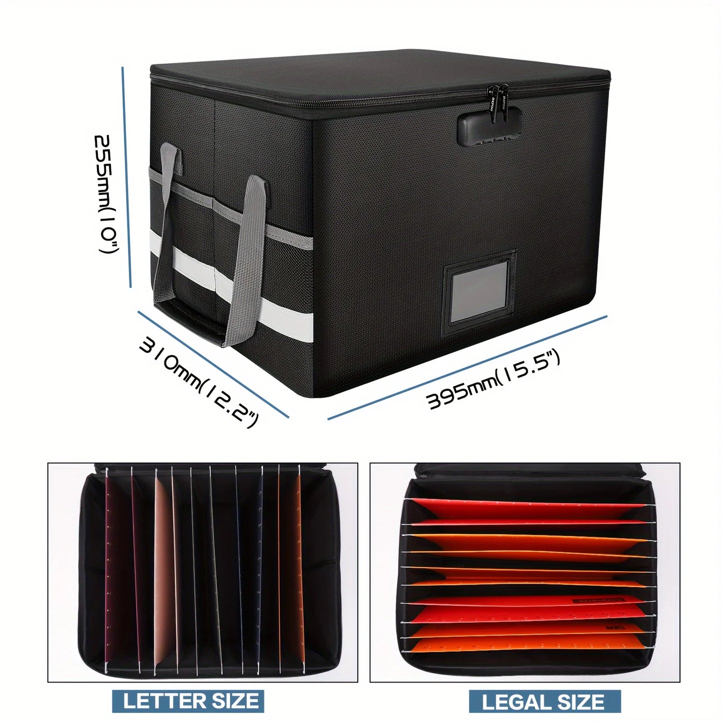 Fireproof Waterproof File Organizer – Large Capacity Black Foldable Storage Box with Handle & Combination Lock