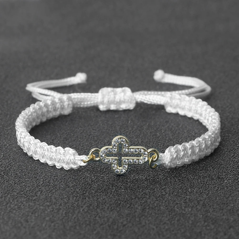 Crystal Hollow Cross Bracelet - Braided Prayer Healing Bangle Jewelry Gift for Women & Yoga Lovers