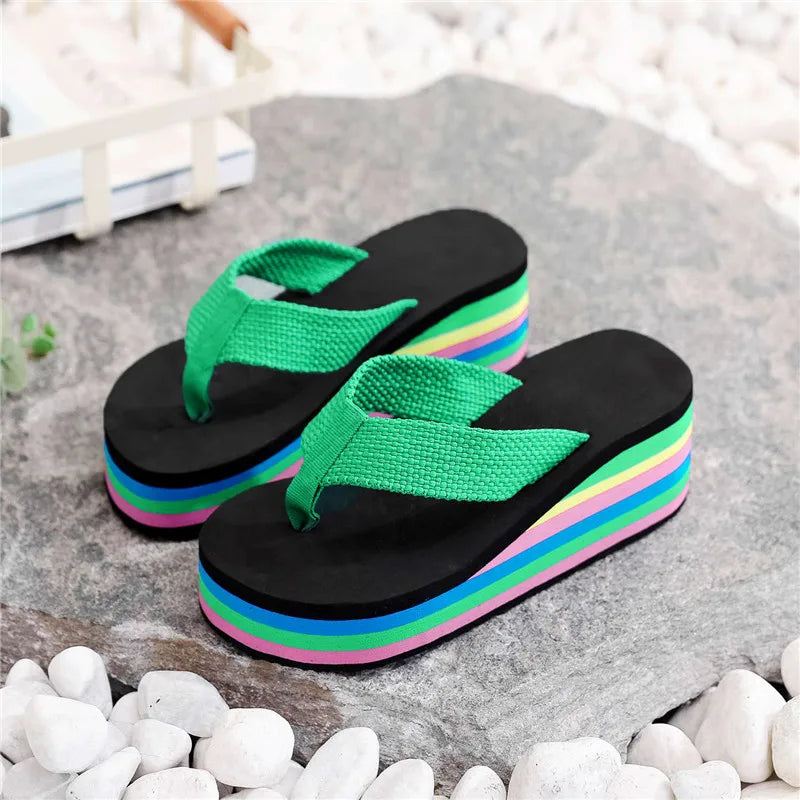 Summer Women’s Rainbow Bohemian Clip Toe Flip Flops – Non-Slip Wedge Beach Sandals