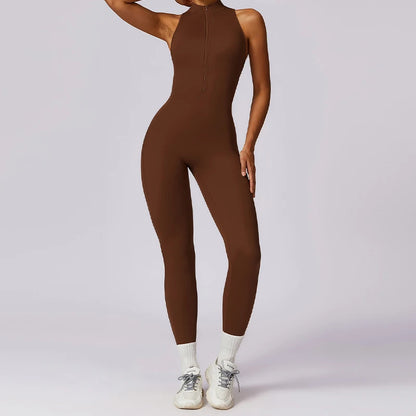 Women’s V-Back One-Piece Sports Jumpsuit — Sleeveless Yoga Romper with Zipper Workout Bodysuit