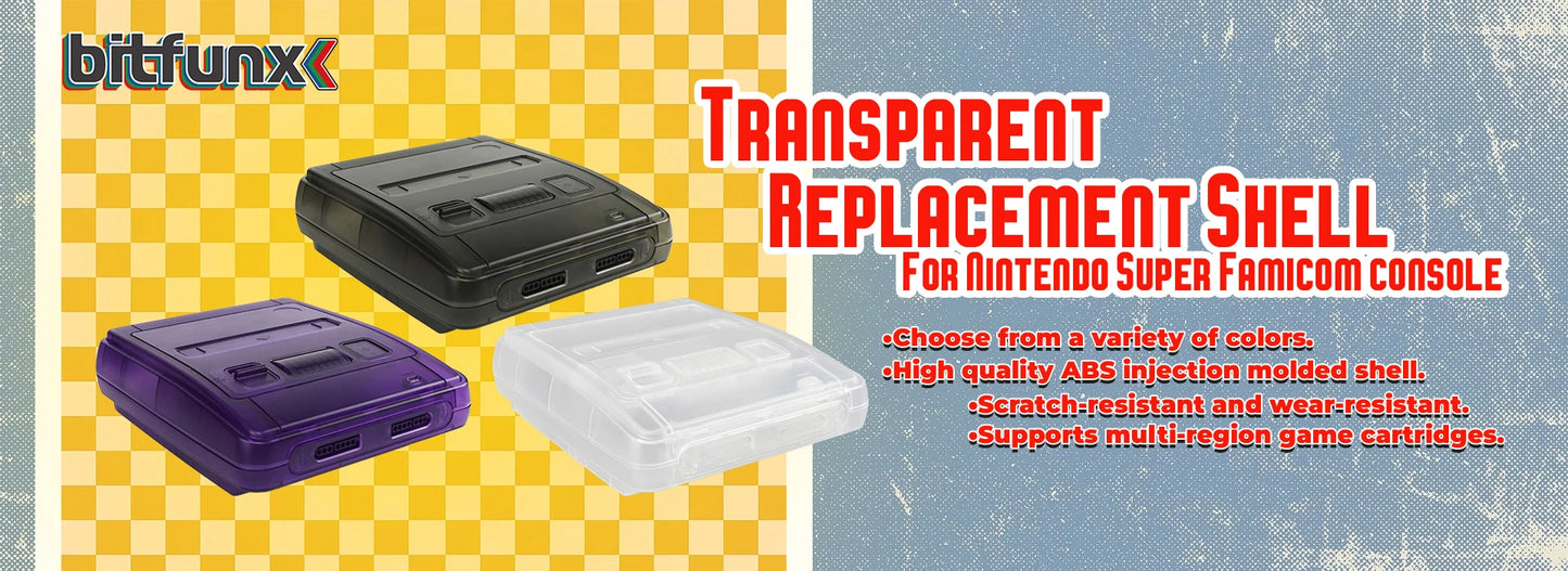 Bitfunx SNES Replacement Shell – Transparent Black Case for Nintendo SNES SFC US Version Retro Gaming Console