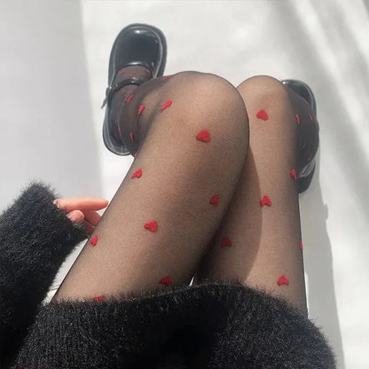 Red Heart Print Silk Stockings — Sexy Nylon Tights for Women, Girls’ Christmas Gift & Nightclub Hosiery