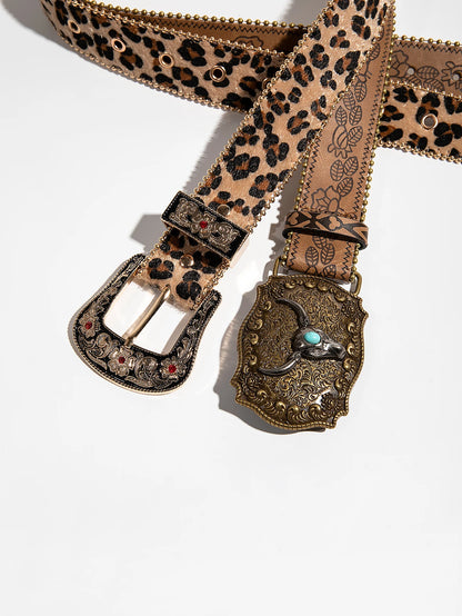 Vintage Gemstone Buckle Waist Belt - Leopard Floral Embossed Design with Pearl Edge for Women