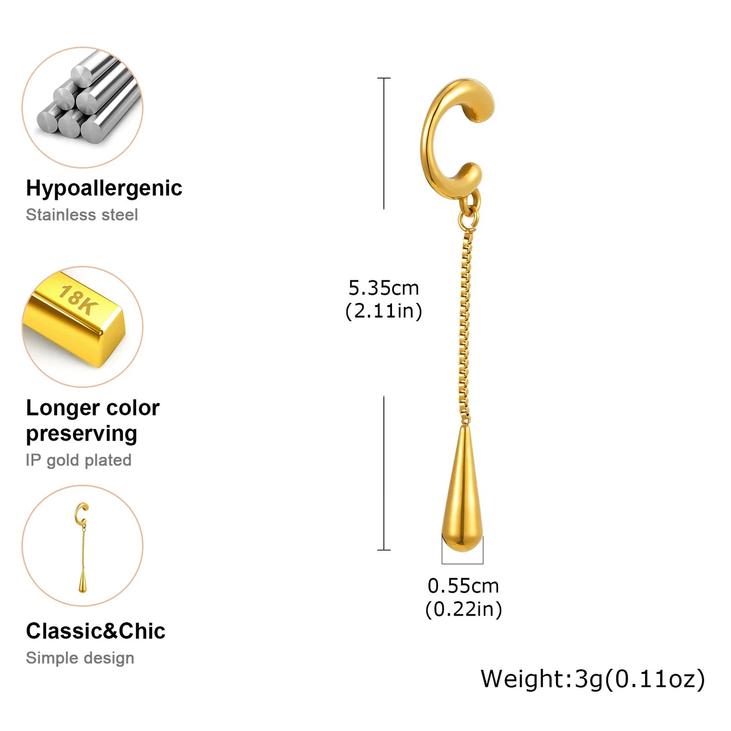C-Shaped Metal Teardrop Tassel Ear Cuff – Clip-On Earrings for Women, No Piercing, Ear Cartilage Jewelry (1 Piece)