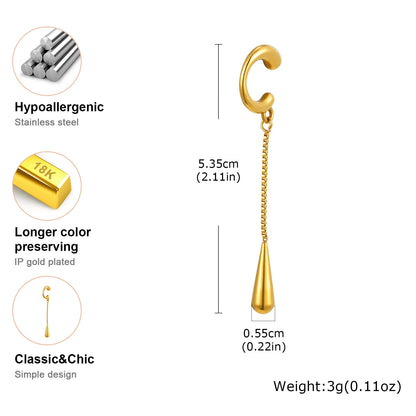 C-Shaped Metal Teardrop Tassel Ear Cuff – Clip-On Earrings for Women, No Piercing, Ear Cartilage Jewelry (1 Piece)