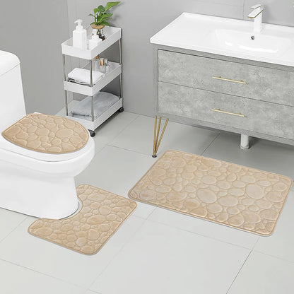 Solid Color Simple Bathroom Mat Set - Water-Absorbing, Non-Slip Stone Pattern, Comfortable & Soft (3PC)