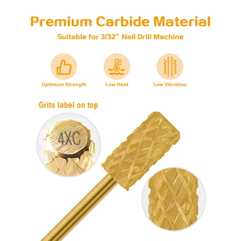 Gold Tungsten Carbide Nail Drill Bits – Large Barrel Milling Cutter, Pro Reversed Durable Grinding & Polishing Tools Accessories 4XC
