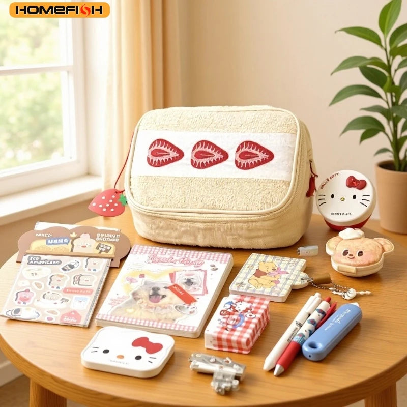 HOMEFISH Strawberry Plush Makeup Bag - Cute Embroidered Multi-Function Cosmetic Storage Pouch for Women