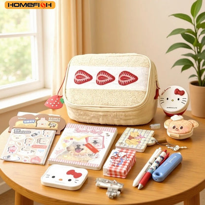 HOMEFISH Strawberry Plush Makeup Bag - Cute Embroidered Multi-Function Cosmetic Storage Pouch for Women