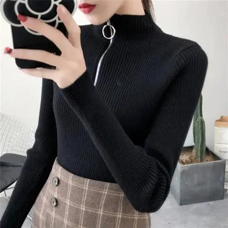 Women's Knitted Zipper Half High Neck Sweater - Slim Fit Solid Pullovers for Autumn/Winter, Basic Knitwear Tops