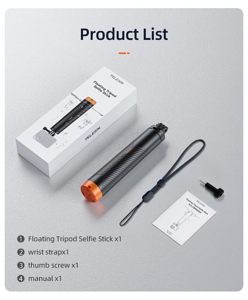 TELESIN Floating Underwater Selfie Stick Tripod – Extendable Buoyancy Pole for GoPro, Insta360, DJI Osmo Action Cameras