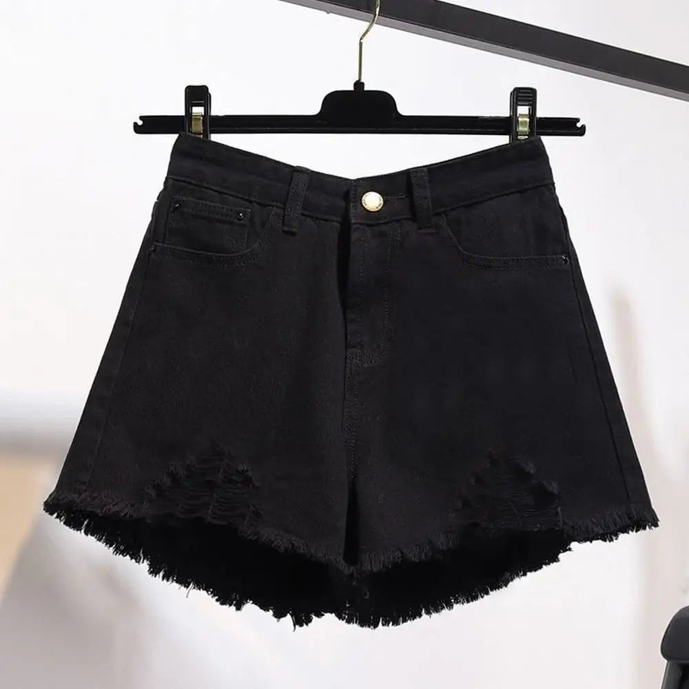 Summer Women’s Korean High Waist Cowboy Denim Shorts — Casual White Jeans with Pockets, Tassels & Ripped Holes Y2K Style