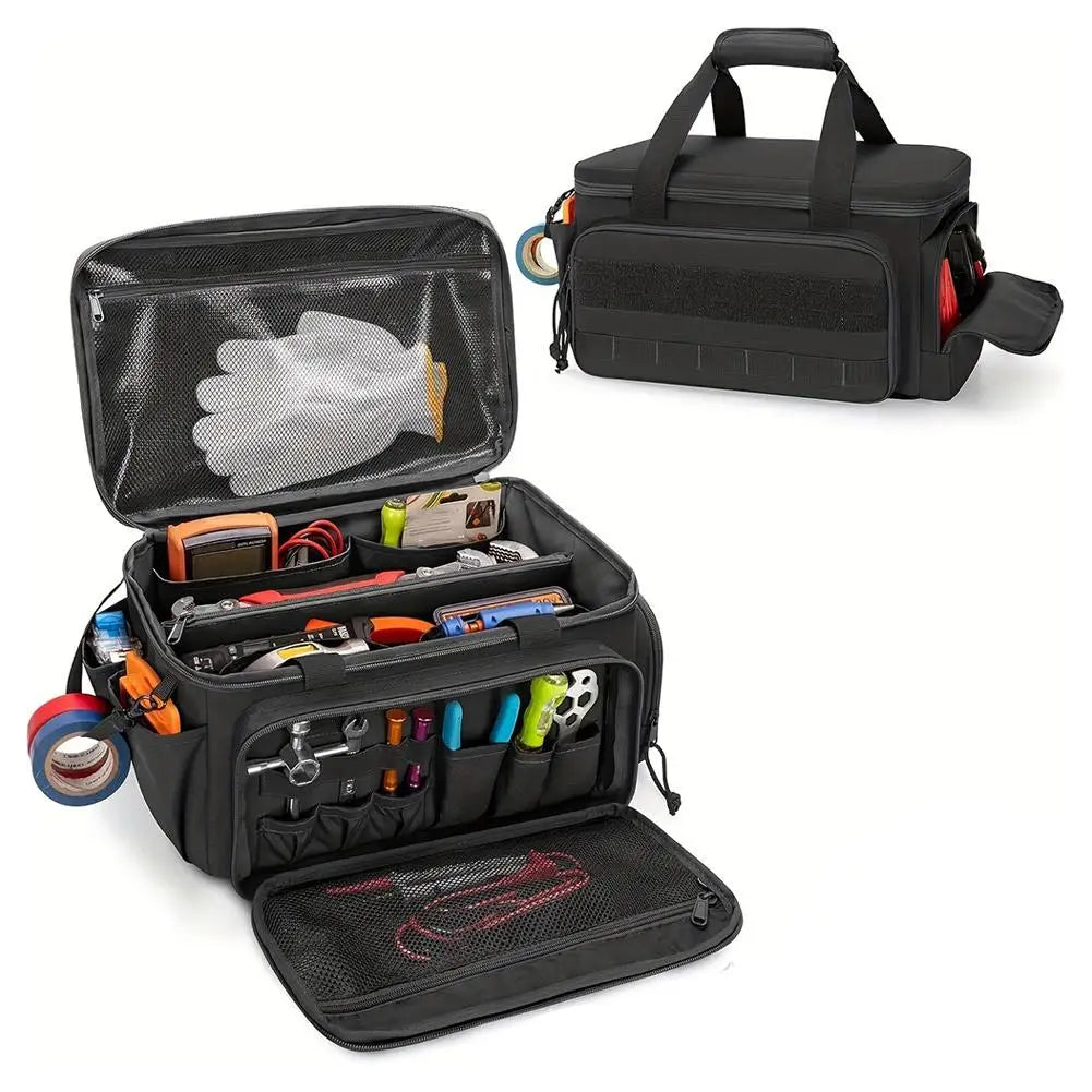 Heavy Duty High Capacity Tool Storage Bag – Water Resistant Organizer Case with Padded Base & Comfortable Handle for Easy Carrying, Black Tool Bag