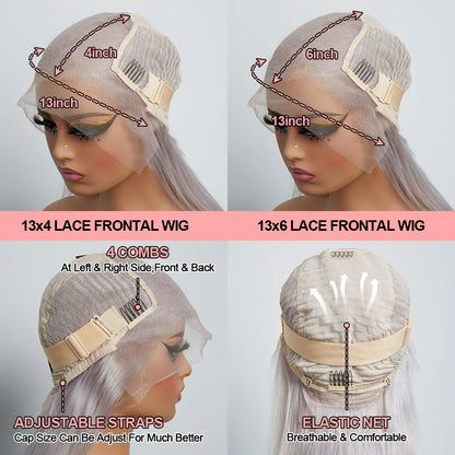 13x6 Silver Grey Body Wave Lace Front Wig – 100% Human Hair, Preplucked 13x4 Lace Frontal Brazilian Wig, 36 Inch