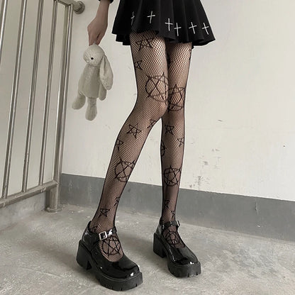 Women’s Gothic Bat Fishnet Stockings - Harajuku Emo Mesh Thigh High Tights with Sexy Alternative Lingerie Style