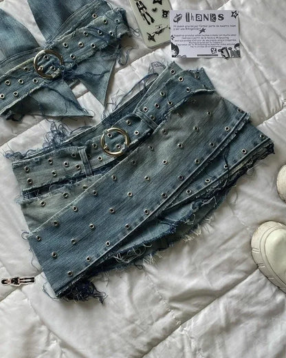 Y2K Light Gray Two-Piece Pants Set — Women’s Harajuku Goth Slim Tube Top & High-Waist Sweatpants