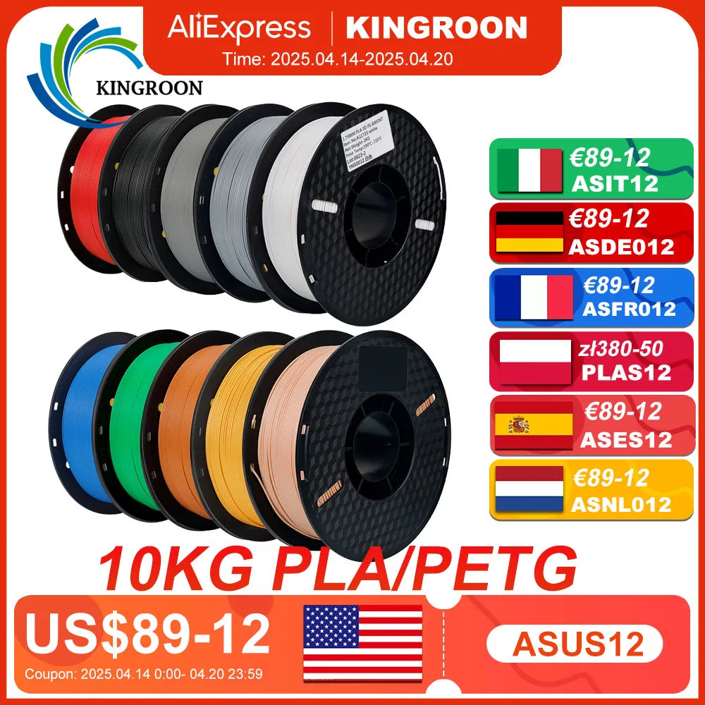 KINGROON 3D Printer Filament 22LBS — 10 Rolls 1KG 1.75mm PETG & PLA, Eco-Friendly Mixed Colors, High Toughness