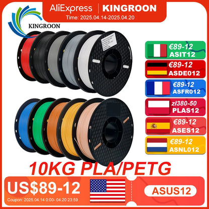 KINGROON 3D Printer Filament 22LBS — 10 Rolls 1KG 1.75mm PETG & PLA, Eco-Friendly Mixed Colors, High Toughness