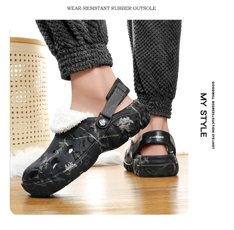 Winter Men’s Garden Clogs – Plush Fur Slippers & Fluffy Outdoor Slides for Couples