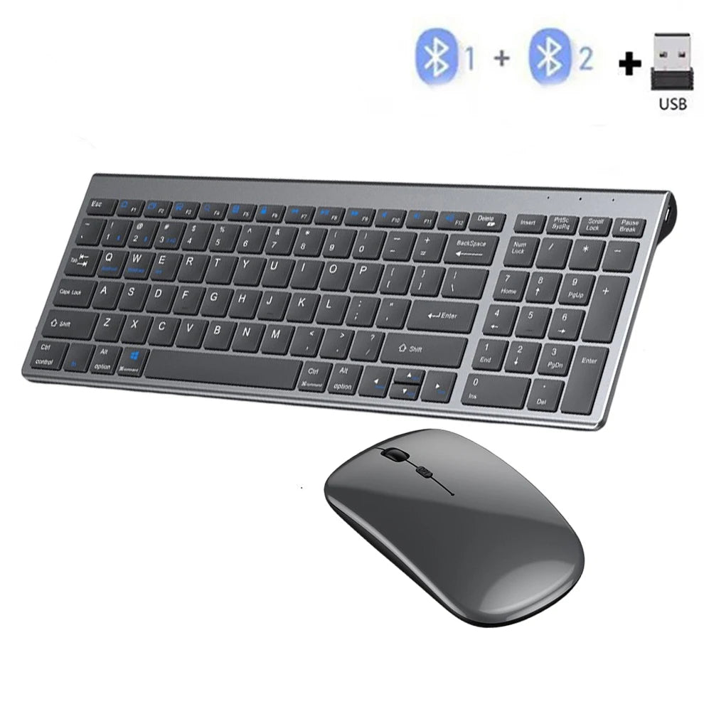 Gray Bluetooth 5.0 & 2.4G Wireless Keyboard and Mouse Combo – Rechargeable Full-Size Ergonomic Set for Laptop & Notebook Use