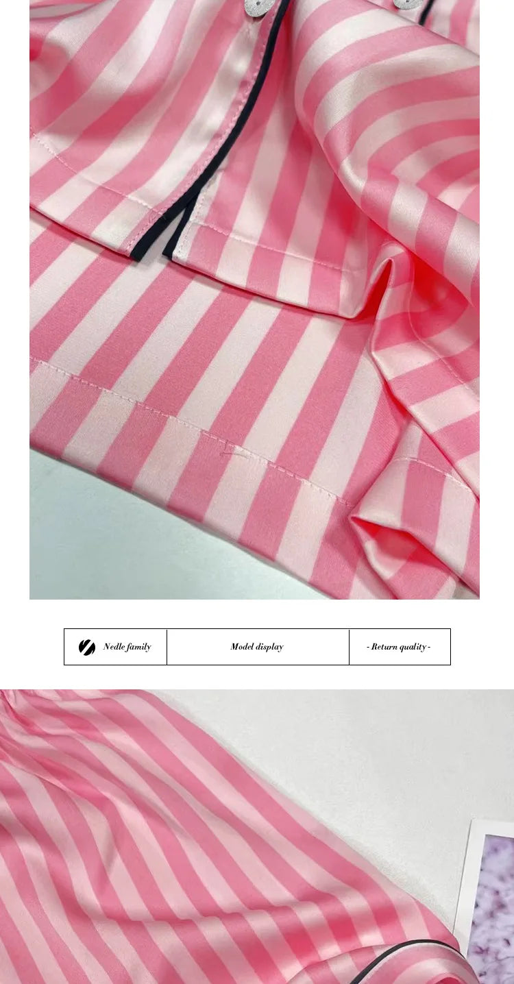 Plus Size Women’s Pajama Set – Short Sleeve Cardigan & Striped Shorts Two-Piece Homewear