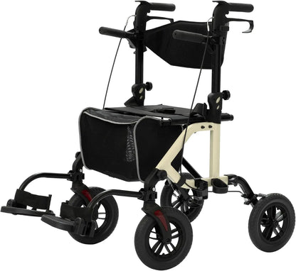 All-Terrain 2-in-1 Rollator & Transport Chair — Folding Wheelchair with 10" Non-Pneumatic Wheels