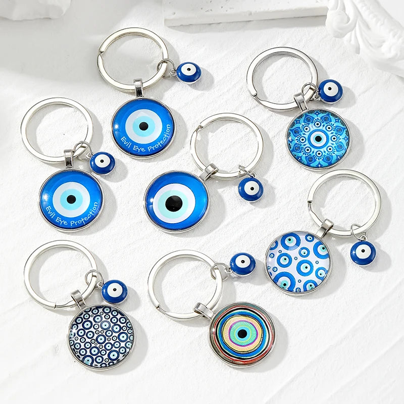 Round Flower Blue Evil Eye Hamsa Keychain – Boho Turkish Lucky Eye Fatima Hand Bag & Car Keyring for Women & Men Protective Charm Gift