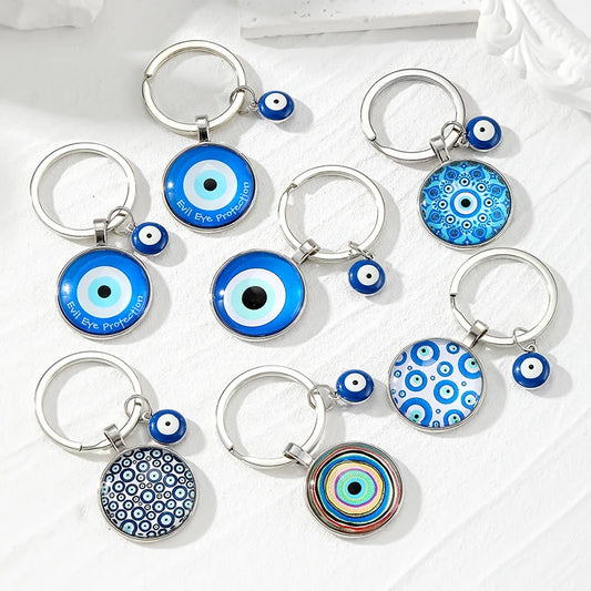 Round Flower Blue Evil Eye Hamsa Keychain – Boho Turkish Lucky Eye Fatima Hand Bag & Car Keyring for Women & Men Protective Charm Gift