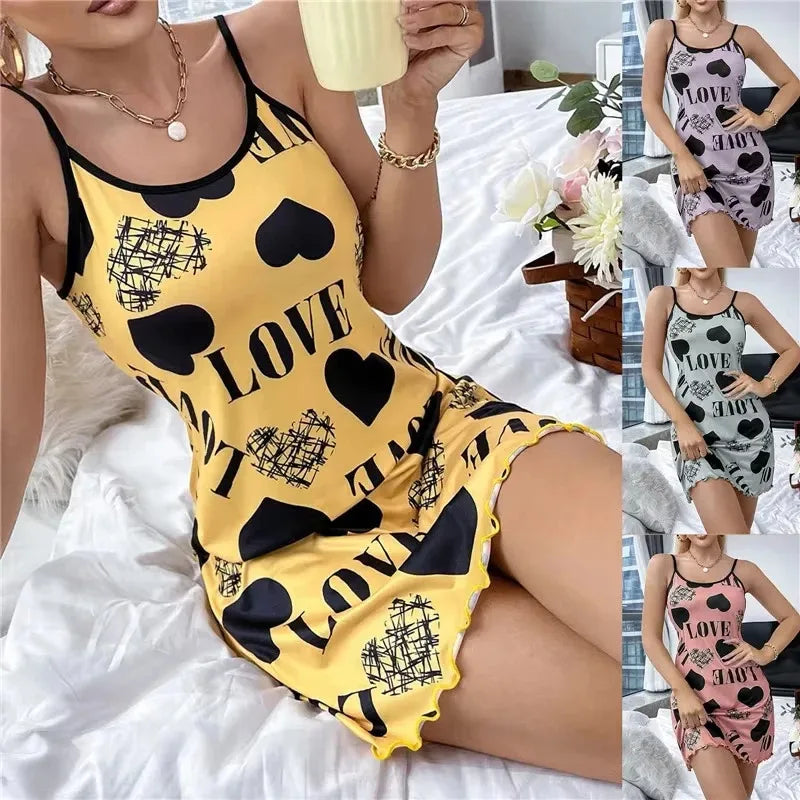 Women’s Cute Cartoon Nightgown - Sexy Halter Back Summer Pajamas & Home Wear Short Dress