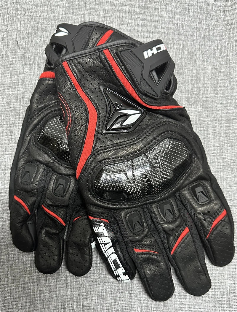 Motorcycle Gloves – Black Racing Genuine Leather, White Road Riding Team Gloves for Men, Summer & Winter with Touch Screen Compatibility