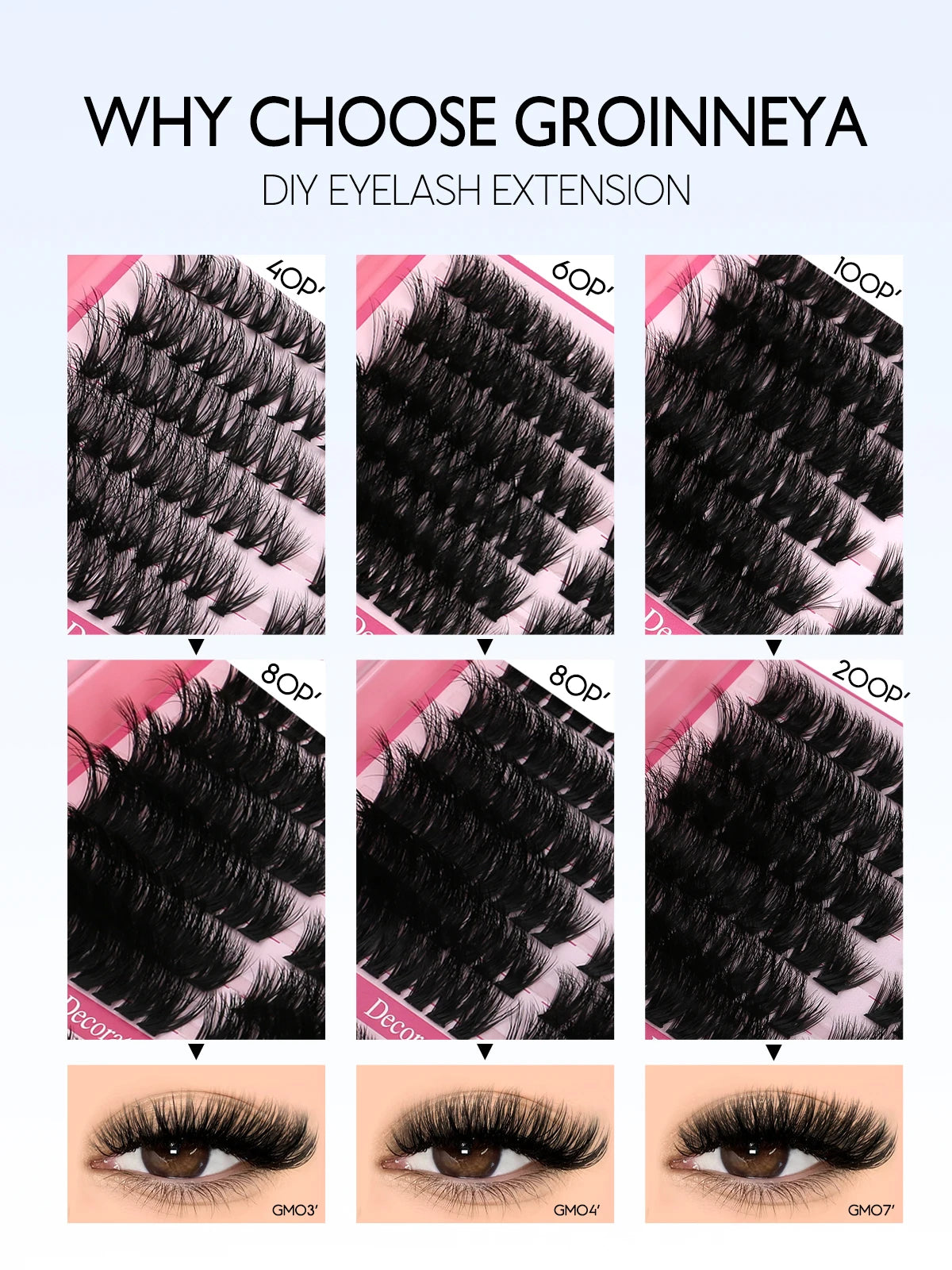 GROINNEYA Cat Lash Clusters Kit – 640pcs with Lash Bond & Seal, DIY Eyelash Extensions for Home Use