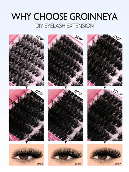 GROINNEYA Cat Lash Clusters Kit – 640pcs with Lash Bond & Seal, DIY Eyelash Extensions for Home Use