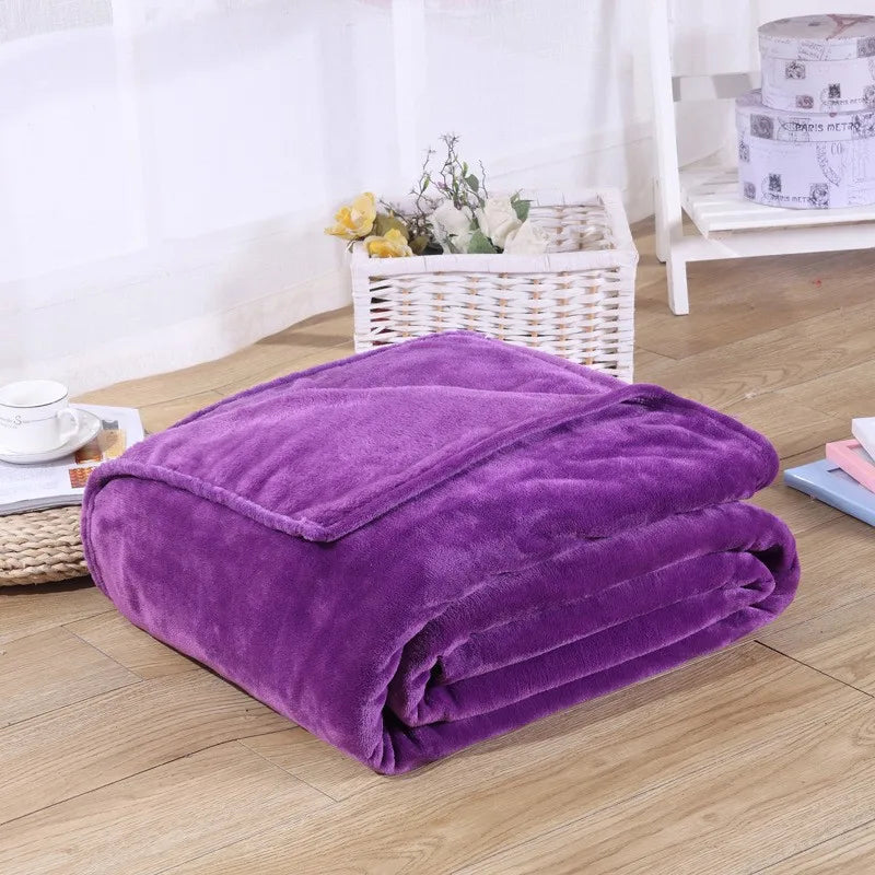 Winter Flannel Blanket – 230GSM Soft Solid Blue Coral Fleece Bedspread, Thin Warm Sofa Cover, Faux Fur Plaid Throw